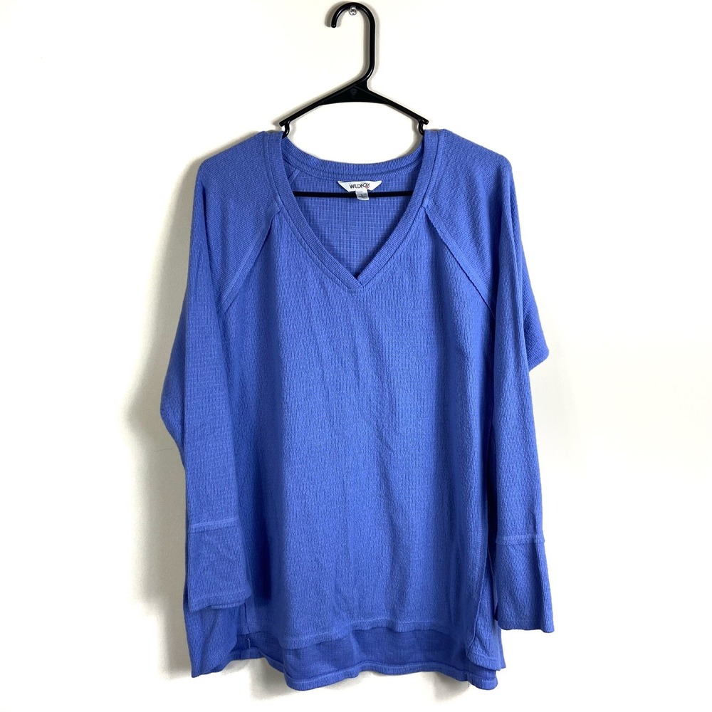 Wildfox Womens Haley Top Size L Blue Long Sleeve V-Neck Brushed Waffle-knit